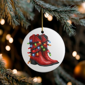 Red Cowboy Boots Christmas Ornament: Ceramic Western Holiday Decor