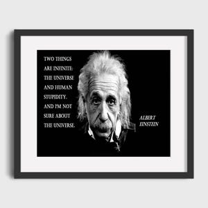 May include: Black and white framed print featuring a portrait of Albert Einstein. The print includes a quote attributed to Einstein: "TWO THINGS ARE INFINITE: THE UNIVERSE AND HUMAN STUPIDITY. AND I'M NOT SURE ABOUT THE UNIVERSE."