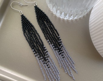 Black Beaded Fringe Earrings: Sterling Silver Seed Bead Dangles
