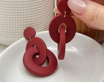 CHUNKY LINKS in Maroon | Maroon earrings | Clay earrings | Everyday Polymer Clay Jewelry