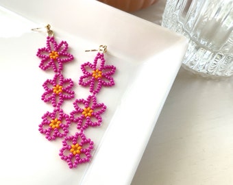 Pink Fuchsia Beaded Daisy Earrings - Triple