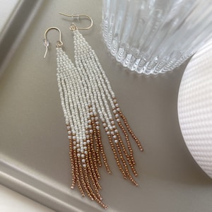 Pearl & Gold Fringe Earrings: Beaded Seed Bead, 14K Gold-Filled Wire