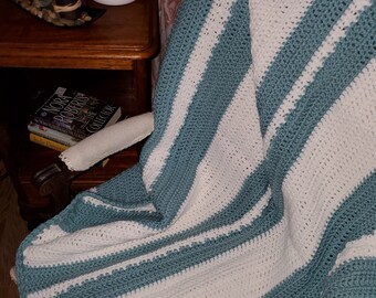 Handmade Crocheted Afghan, Crocheted Lapghan, 34x44 size, Baby Shower Afghans, Ready to ship, Light Aqua green with Cream Accents. Easy care