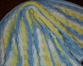 Crocheted Baby Afghan, Gender Neutral Crocheted Afghan, Blue Baby Afghan, Yellow Baby Afghan, Basket weave Afghan, Newborn Baby Gift Afghan