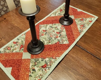 Handmade Quilted Table Runner is insulated for heat protection. Cardinal scenes bring a  warm winter feel to your home for the holidays.