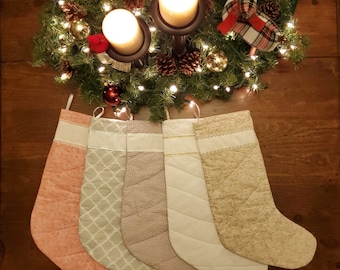 Handmade Christmas Stocking with Cross Stitch personalization. All stockings are quilted and fully lined. Large size for lots of goodies!