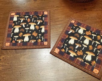 Handmade Quilted Hot Pad Trivets are insulated for heat protection. Mushrooms natural earth tones add a woodsy cabin feeling to your home.