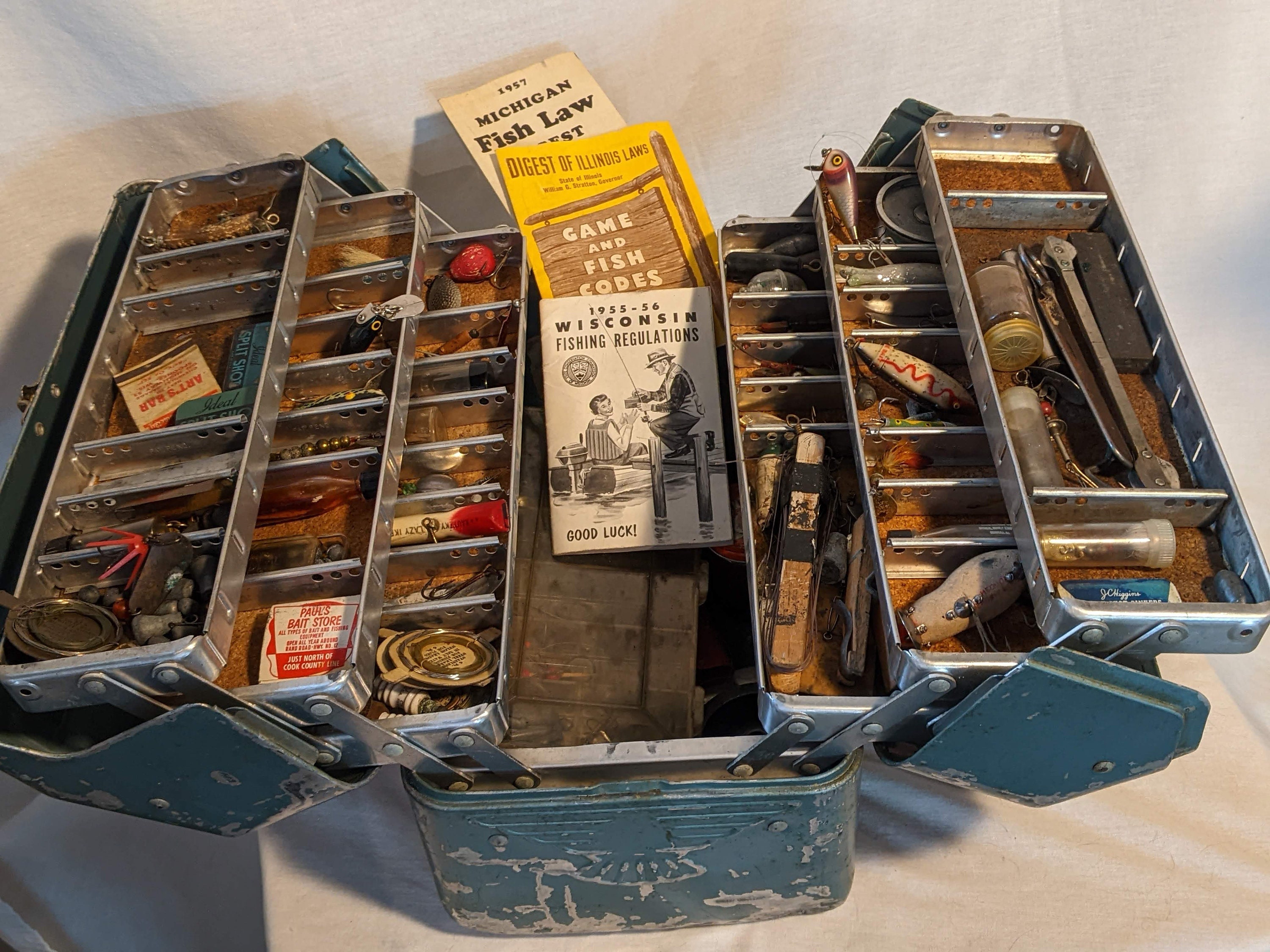 Vintage Tackle Box Full of Lures and Miscellaneous Items From 1956-1957 