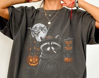 Halloween Raccoon Shirt, Comfort Colors Trash Panda Tee with Witch Hat, Spooky Season Raccoon Lover Gift, Trick or Treat Shirt