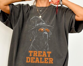 Black Lab Halloween Shirt, Comfort Colors Treat Dealer Witch Hat Labrador Tee, Funny Dog Lover T-Shirt, Lab Mom Gift, Spooky Dog Lover Shirt