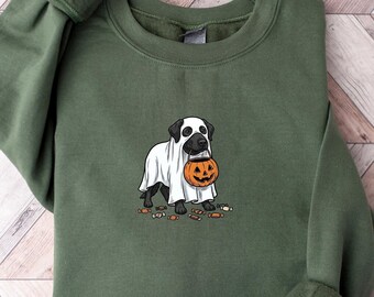 Black Lab Halloween Sweatshirt, Ghost Dog Sweater for Dog Mom, Pumpkin Labrador Retriever Dog Crewneck, Spooky Dog Lover Gift