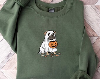 Pug Halloween Dog Sweatshirt, Ghost Dog Sweater for Pug Mom, Fall Pumpkin Sweatshirt for Dog Person, Spooky Dog Lover Gift
