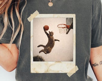 Funny Cat Basketball Shirt, Vintage Meme Cat T-Shirt, Comfort Colors Retro Cat Graphic Tee, Cat Lover Dad Tee, Unisex Parody Cat Shirt Kids