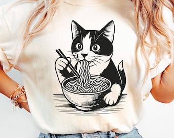 Camiseta de fideos para gatos, camiseta de ramen con colores cómodos, camiseta vintage con estampado de gato, regalos para mamás de gatos, camisetas para amantes de los gatos, camisetas retro de gatos, regalo para dueños de gatos