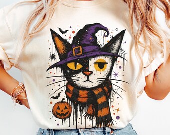 Comfort Colors Black Cat Halloween Shirt, Graffiti Witchy Cat Graphic Tee, Halloween Fall T-Shirt, Gift for Cat Mom