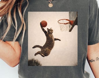 Funny Basketball Shirt, Vintage Meme Cat T-Shirt, Comfort Colors Retro Cat Graphic Tee, Cat Dad & Mom Gift, Unisex Parody Cat Shirt
