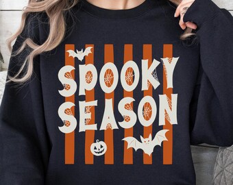 Spooky Season Striped Sweatshirt, Retro Halloween Sweater with Bats and Pumpkin, Vintage Halloween Gift for Women