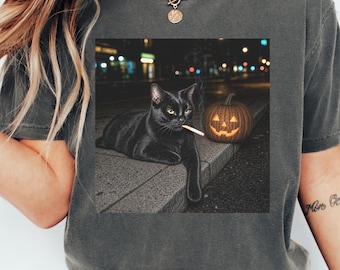 Black Cat Halloween Shirt, Comfort Colors Cat and Pumpkin T-Shirt, Funny Cool Cat Meme Graphic Tee, Cat Mom Halloween Gift