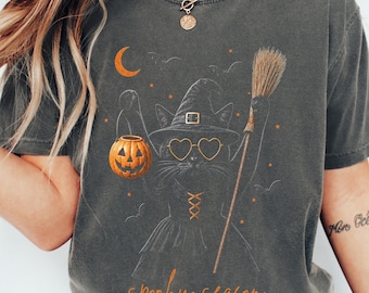 Witch Cat Shirt, Comfort Colors Spooky Season Black Cat Halloween Tee, Gift for Cat Mom, Witchy Cat Tee, Vintage Fall T-Shirt