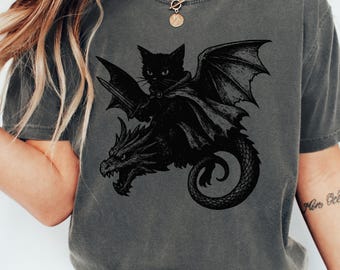 Vintage Cat Dragon Dark Art Graphic Shirt, Dark Medieval Shirt, Funny Cat Comfort Colors Shirt, Cat Dragon Lover Gift, Fantasy Book Lover