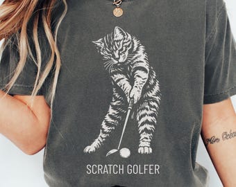 Scratch Golfer Cat Meme T-Shirt, Funny Golf Comfort Colors Shirt, Vintage Pet Graphic Tee Kids & Adults, Cat Dad or Mom Golf Gift