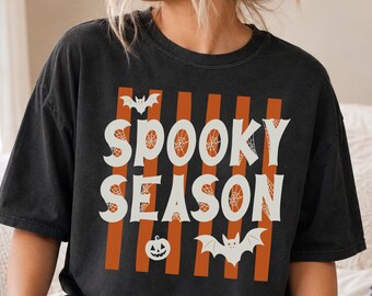 Spooky Season Striped Shirt, Comfort Colors Retro Halloween Party Tee with Bats and Pumpkin, Vintage Halloween Gift for Women