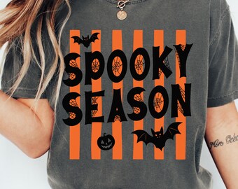 Spooky Season Striped Shirt, Comfort Colors Retro Halloween Party Tee with Bats and Pumpkin, Vintage Halloween Gift for Women
