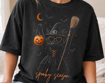 Spooky Season Black Cat Comfort Colors Shirt, Halloween Cat Gift for Cat Mom, Witchy Cat Tee, Funny Halloween Apparel
