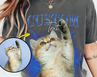 Custom Cat Bootleg Shirt, Vintage Personalized Pet Photo & Name Comfort Colors Tee, 90s Retro Dog Portrait Shirt, Cat Mom Gift, Pet Memorial