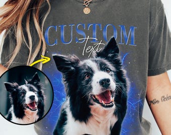 Custom Dog Bootleg Shirt, Vintage Personalized Pet Photo & Name Comfort Colors Tee, 90s Retro Cat Portrait Shirt, Dog Mom Gift, Pet Memorial
