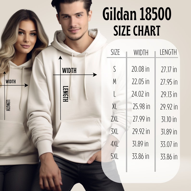 K&ouml;nnte beinhalten: Gildan 18500 Gr&ouml;&szlig;entabelle f&uuml;r Hoodies. Die Tabelle zeigt die Breite und L&auml;nge in Zoll f&uuml;r die Gr&ouml;&szlig;en S bis 5XL.