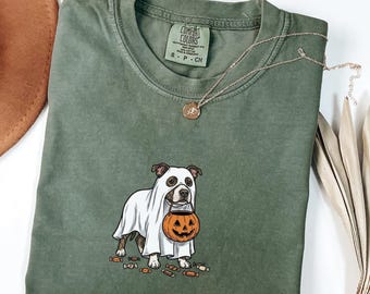 Comfort Colors Staffordshire Bull Terrier Halloween Dog Shirt, Ghost Dog Tee for Staffy Dog Mom, Pumpkin Tee for Dog Person, Dog Lover Gift