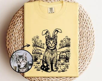 Custom Easter Cat Portrait Shirt From Photo, Kids & Adults Comfort Colors T-Shirt, Personalized Pet Bunny Ears Tee, Cat Lover T-Shirt Gift