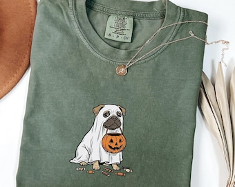 Comfort Colors Pug Halloween Dog Shirt, Ghost Dog Tee for Pug Mom, Treat Dealer Pumpkin Tee for Dog Person, Spooky Dog Lover Gift