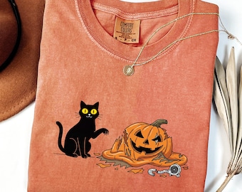 Black Cat Halloween Shirt, Comfort Colors Funny Cat and Pumpkin Tee, Spooky Season Cat Mom Gift, Halloween Graphic Tee for Cat Lovers