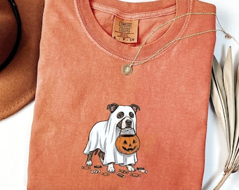 Staffordshire Bull Terrier Halloween Shirt, Comfort Colors Ghost Staffy Tee, Dog Mom Shirt, Spooky Dog Lover T-Shirt, Trick or Treat Gift