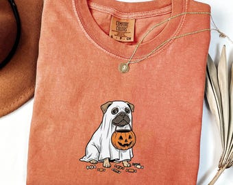 Halloween Pug Tee, Comfort Colors Trick or Treat Ghost Dog Shirt, Pug Mom Halloween Gift, Spooky Season Dog Lover T-Shirt