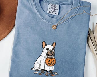 Comfort Colors French Bulldog Halloween Dog Shirt, Ghost Dog Tee for Frenchie Dog Mom, Pumpkin Tee for Dog Person, Spooky Dog Lover Gift