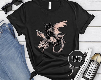 Vintage Cat Dragon Dark Art Graphic Shirt, Dark Medieval Shirt, Funny Cat Shirt, Cat Dragon Lover Gift, Fantasy Reader Book Lover Shirt