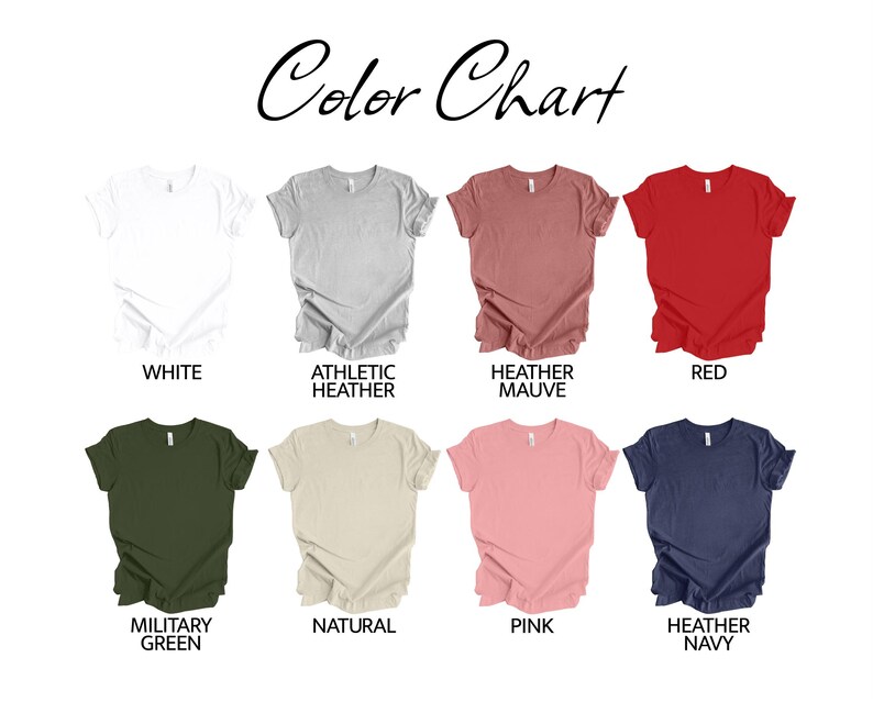 Pu&ograve; includere: Tabella colori che mostra 10 diversi colori di maglietta: bianco, grigio melange, malva melange, rosso, verde militare, naturale, rosa, blu navy melange.
