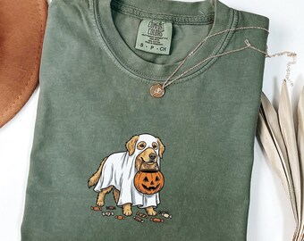 Comfort Colors Halloween Golden Retriever Dog Shirt, Ghost Dog Tee for Golden Mama, Pumpkin Tee for Dog Person, Spooky Dog Lover Gift
