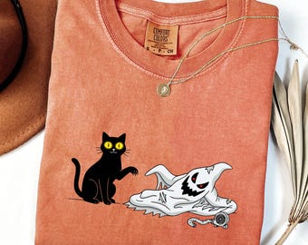 Funny Black Cat Halloween Shirt, Comfort Colors Cat and Ghost Tee, Spooky Season Cat Lover Gift, Cat Mom Halloween Graphic Tee
