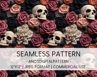 Seamless File - Dark Skulls and Roses - JPEG - Seamless Pattern - Repeating Pattern - Digital Instant Download - Commercial Use