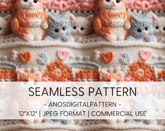Seamless File - Fluffy Cats and Hearts - JPEG - Seamless Pattern - Repeating Pattern - Digital Instant Download - Commercial Use