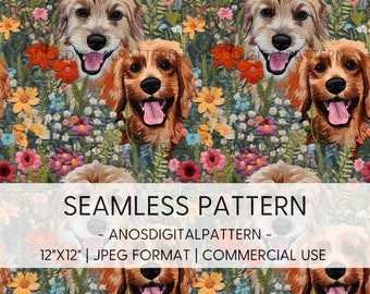 Seamless File - Dogs and Flowers - JPEG - Seamless Pattern - Repeating Pattern - Digital Instant Download - Commercial Use