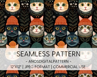 Seamless File - Retro Christmas Cats - JPEG - Seamless Pattern - Repeating Pattern - Digital Instant Download - Commercial Use