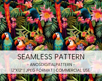 Seamless File - Parrots in the Forest - JPEG - Seamless Pattern - Repeating Pattern - Digital Instant Download - Commercial Use