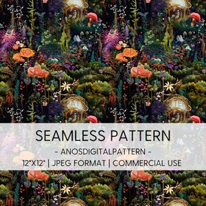 May include: A seamless pattern featuring a whimsical forest scene with vibrant flowers, mushrooms, and birds. The background is a dark blue with pops of green, red, and purple. The pattern is 12 inches by 12 inches and is in JPEG format. It is for commercial use.