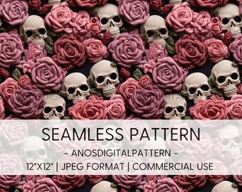 Seamless File - Valentines Day Skulls and Roses - JPEG - Seamless Pattern - Repeating Pattern - Digital Instant Download - Commercial Use