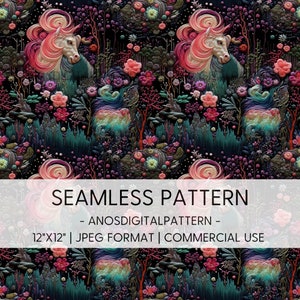May include: A seamless pattern featuring a white unicorn with pink and white mane and tail, surrounded by colorful flowers and foliage on a black background. The text "SEAMLESS PATTERN - ANOSDIGITALPATTERN - 12"X12" | JPEG FORMAT | COMMERCIAL USE" is displayed at the bottom of the image.